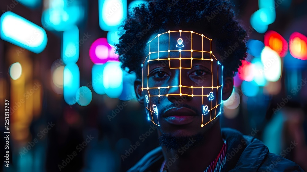 Futuristic facial recognition grid map overlaying the profile of an enigmatic moody figure in a neon soaked cityscape Conceptual digital technology AI and biometric identification Futuristic facial recognition grid map overlaying the profile of an enigmatic moody figure in a neon soaked cityscape Conceptual digital technology AI and biometric identification