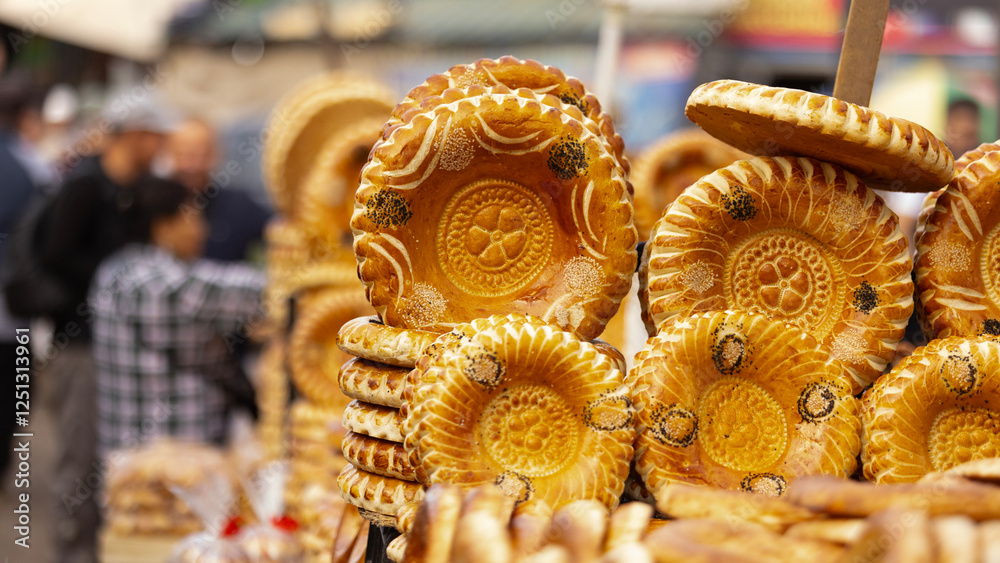 Fototapeta premium Central Asia bread, called generally non or lepeshka from tandyr and sell in the market of bishkek in Osh market