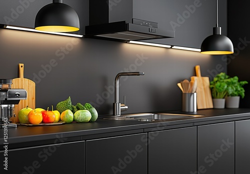 Contemporary Black Kitchen Interior with Fresh Fruits and Vegetables on Countertop and Stylish Lighting photo