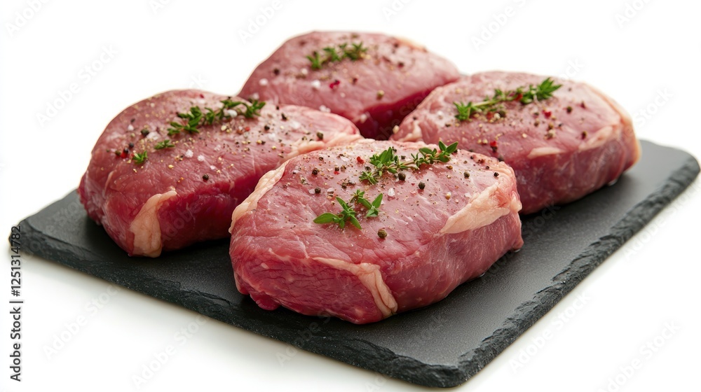 Fresh cuts of premium beef steaks garnished with herbs on a sleek black slate platter Fresh cuts of premium beef steaks garnished with herbs on a sleek black slate platter