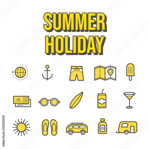 Summer Holiday Vacation icon set bundling pack monoline flat icon