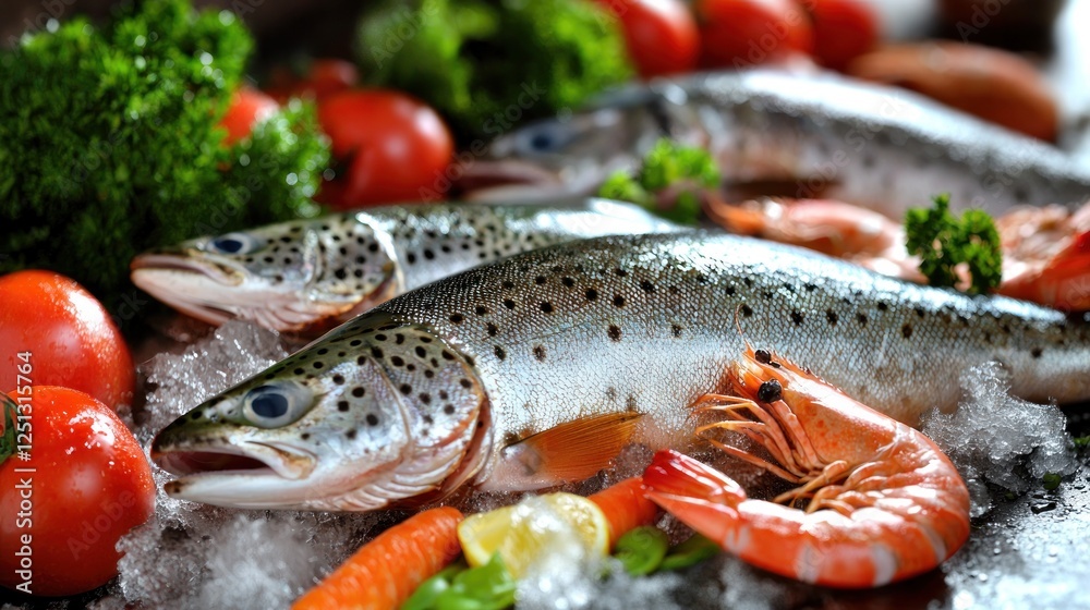 Freshly prepared seafood platter featuring trout, shrimp, and vibrant vegetables on ice Freshly prepared seafood platter featuring trout, shrimp, and vibrant vegetables on ice