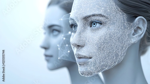 3D rendered image depicting facial recognition algorithms analyzing facial features and matching data for digital identity verification and cybersecurity applications