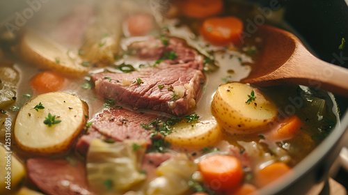 Close-up of steaming Corned Beef and Cabbage, a traditional Irish dish, simmering in a pot with potatoes and carrots.  A wooden spoon rests on the broth.