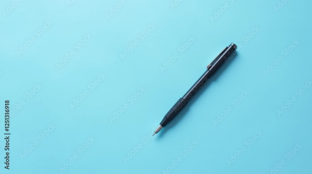 Black Ballpoint Pen Diagonally on Sky Blue Background Black Ballpoint Pen Diagonally on Sky Blue Background