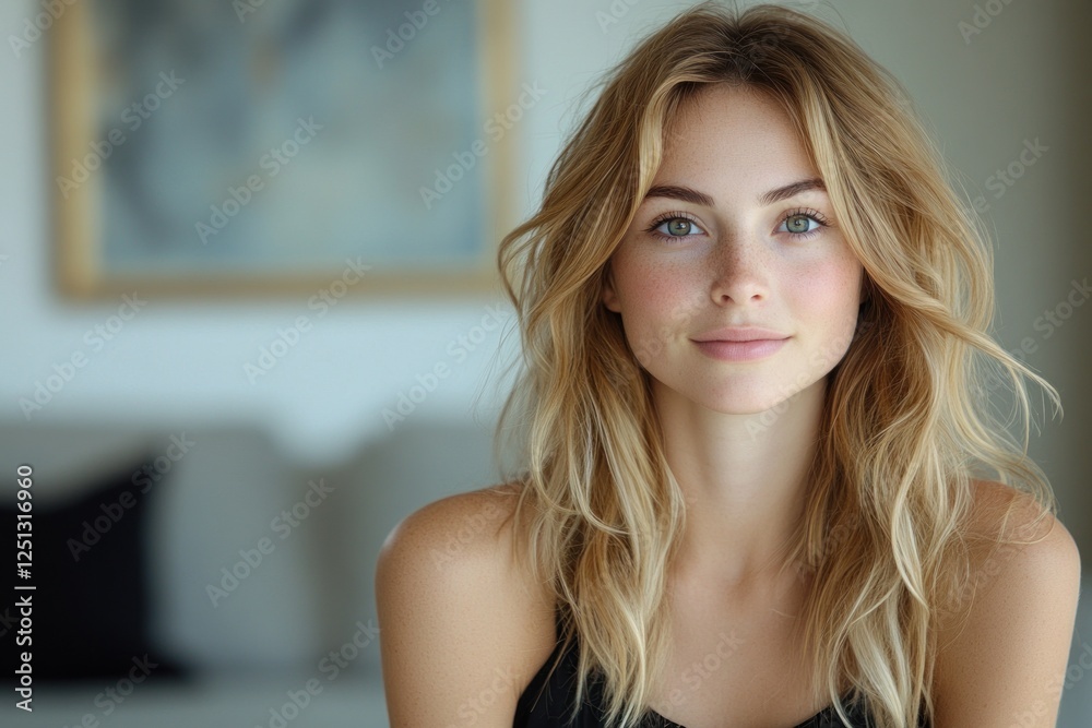 Portrait of Beautiful Blonde Woman Relaxing at Home in Minimalist Living Room Portrait of Beautiful Blonde Woman Relaxing at Home in Minimalist Living Room