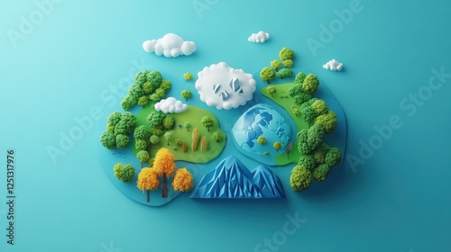 Carbon offset strategies concept art flat design top view climate action theme 3D render Triadic Color Scheme. photo