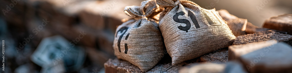 Obraz premium Burlap Sacks with Dollar Signs on Rough Blocks