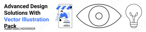 Mobile store interface, abstract eye, and lightbulb emphasize creativity, vision, innovation, and digital tools. Ideal for branding, marketing, e-commerce design development innovation flat