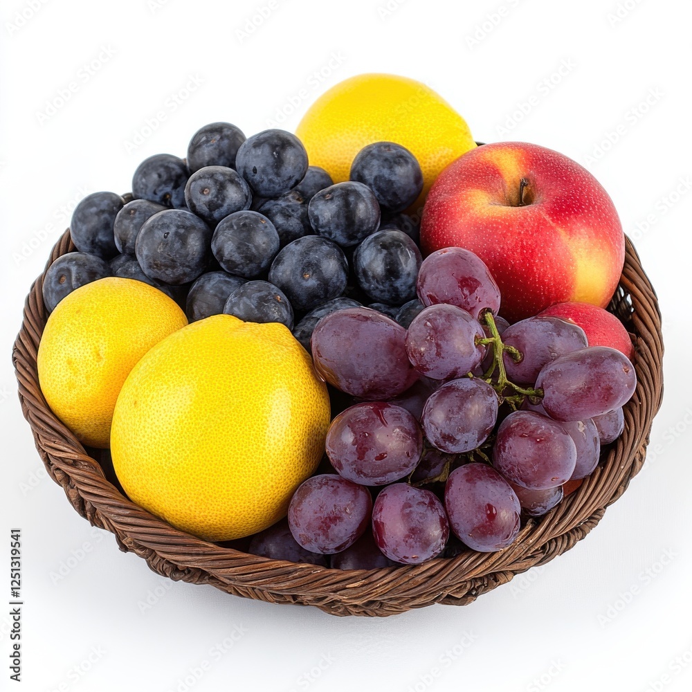 A Vibrant Assortment of Fresh Fruits Arranged in a Woven Basket, Featuring Bright Yellow Lemons, Juicy Red Apples, Dark Purple Grapes, and Blueberries on a Clean White Background A Vibrant Assortment of Fresh Fruits Arranged in a Woven Basket, Featuring Bright Yellow Lemons, Juicy Red Apples, Dark Purple Grapes, and Blueberries on a Clean White Background
