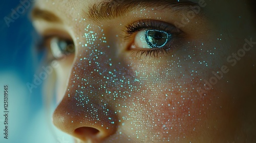 Close up portrait of a woman s face with facial recognition software scanning and analyzing her facial contours expressions and features for digital identification and security purposes  Conceptual photo