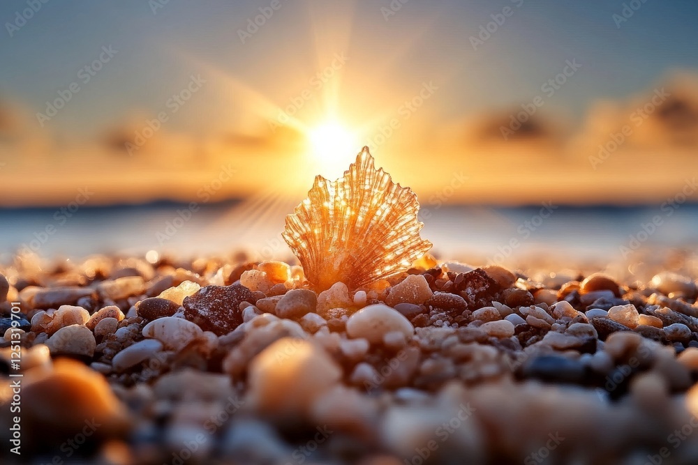 Fototapeta premium Unique shell glistens in sunlight on sandy beach during sunrise by the ocean