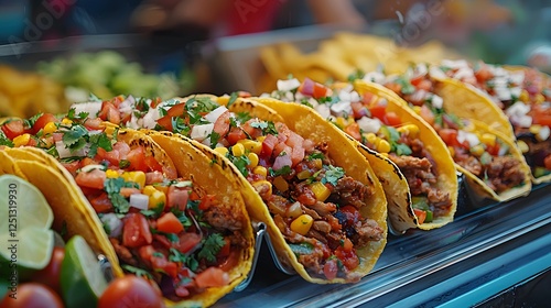 Vibrant street food taco stand with colorful tacos and condiments in a lively outdoor setting