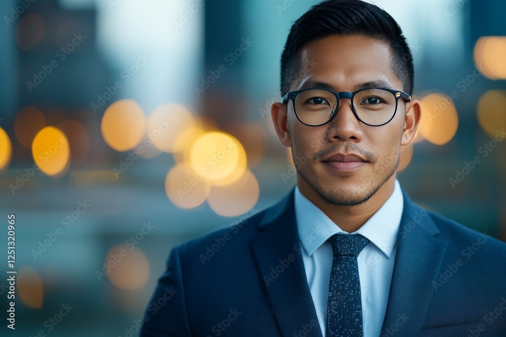 Business professional posing confidently in an urban setting with blurred city lights at twilight