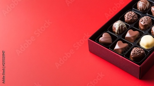 Assorted chocolates in box on red background (1) photo