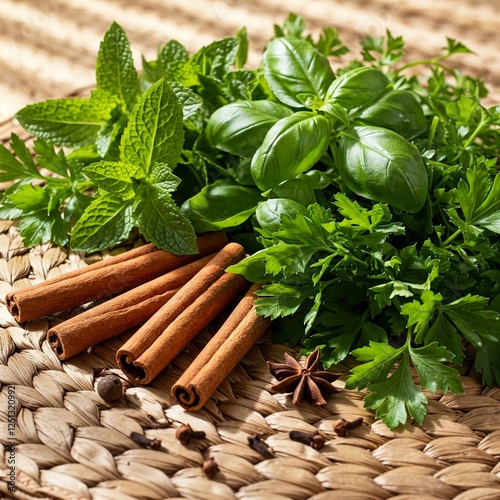A vibrant arrangement of fresh herbs like mint, basil, and parsley, alongside whole spices like cinnamon sticks and cloves, on a woven mat with soft shadows.