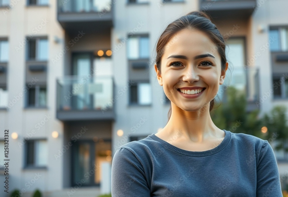 Happy female portrait with apartment building background Happy female portrait with apartment building background
