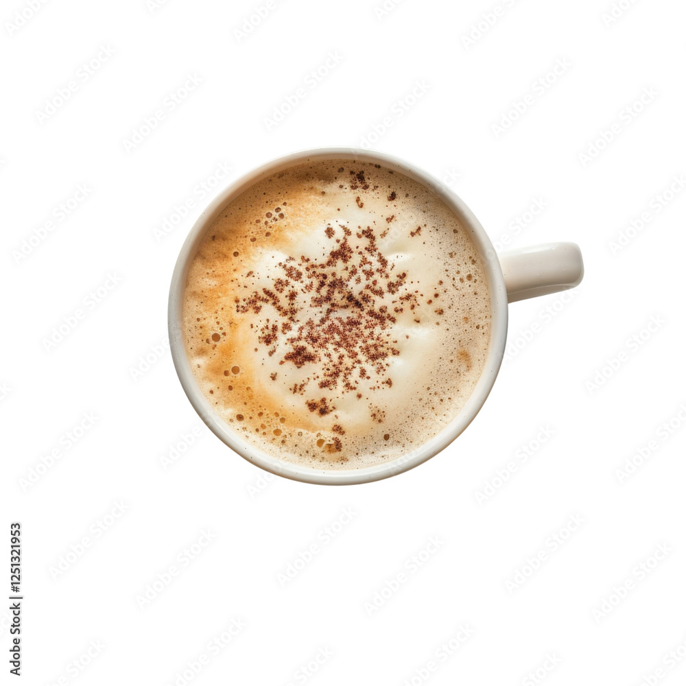 Aerial view of cup of coffee with frothy milk and chocolate sprinkles, creating warm and inviting atmosphere Aerial view of cup of coffee with frothy milk and chocolate sprinkles, creating warm and inviting atmosphere