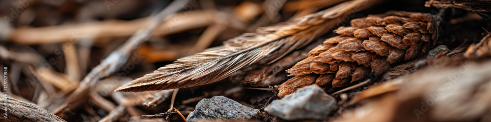 Feather and Pine Cone on Forest Floor Feather and Pine Cone on Forest Floor