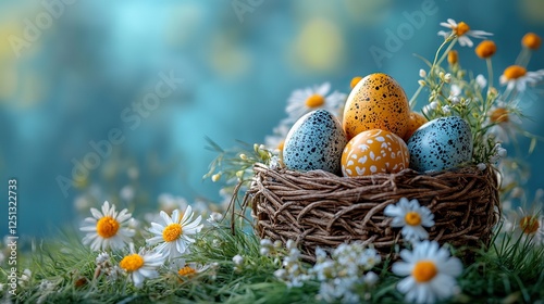 An easter celebration side view of artfully painted eggs in old fashioned basket set amongst grass and countryside flowers on grainy azure background with space for text.