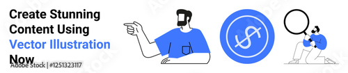 Person pointing at abstract digital content, coin with currency sign, and individual analyzing data with magnifier. Ideal for marketing, creativity, technology, digital business, branding, design