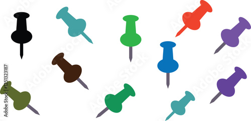 Colorful Push Pins on a White Background. Several push pins illustrations use office stationary.