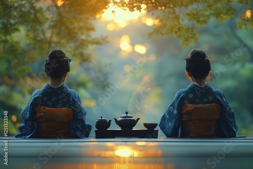 Couple Enjoying Kaiseki Cuisine in a Ryokan with Traditional Attire in a Serene Setting photo