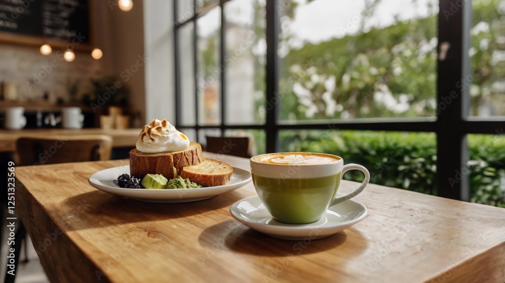 A bright and airy cafe-style breakfast setting with an acai bowl, a matcha latte with latte art A bright and airy cafe-style breakfast setting with an acai bowl, a matcha latte with latte art