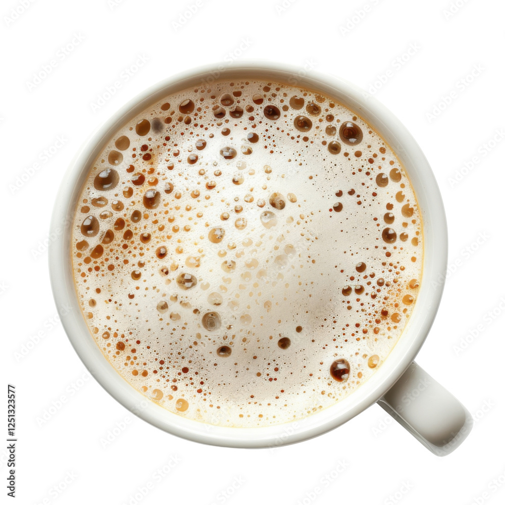 Aerial view of frothy coffee cup with bubbles and rich texture, showcasing warm beverage perfect for morning routines or cozy moments Aerial view of frothy coffee cup with bubbles and rich texture, showcasing warm beverage perfect for morning routines or cozy moments
