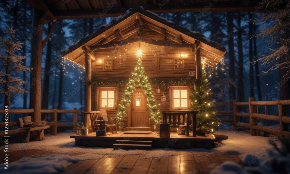 Obraz premium A stunning Christmas tree with elaborate snowflakes, icicles, and fairy lights in a cozy, rustic cabin, festive, rustic, tree