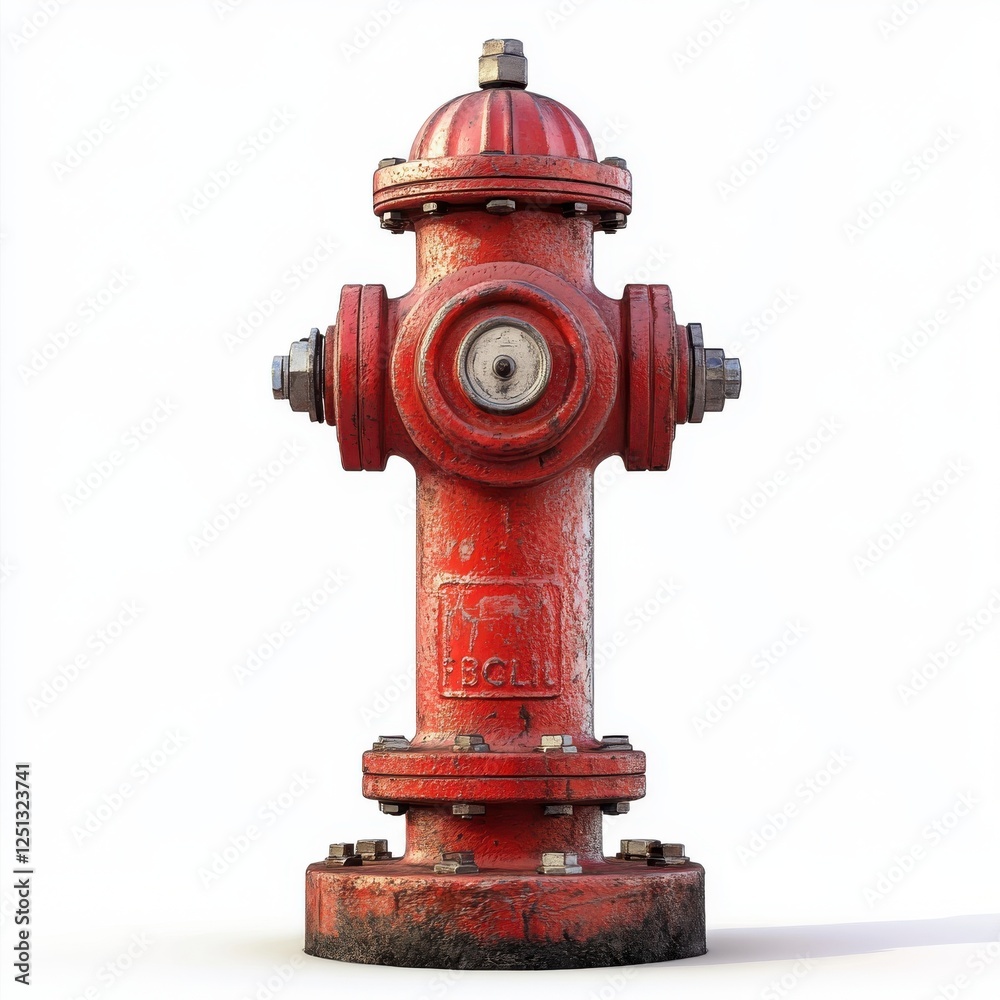 Detailed Close-Up of a Classic Red Fire Hydrant with Weathered Finish and Rusty Details, Isolated on White Background for Urban and Safety Themes Detailed Close-Up of a Classic Red Fire Hydrant with Weathered Finish and Rusty Details, Isolated on White Background for Urban and Safety Themes