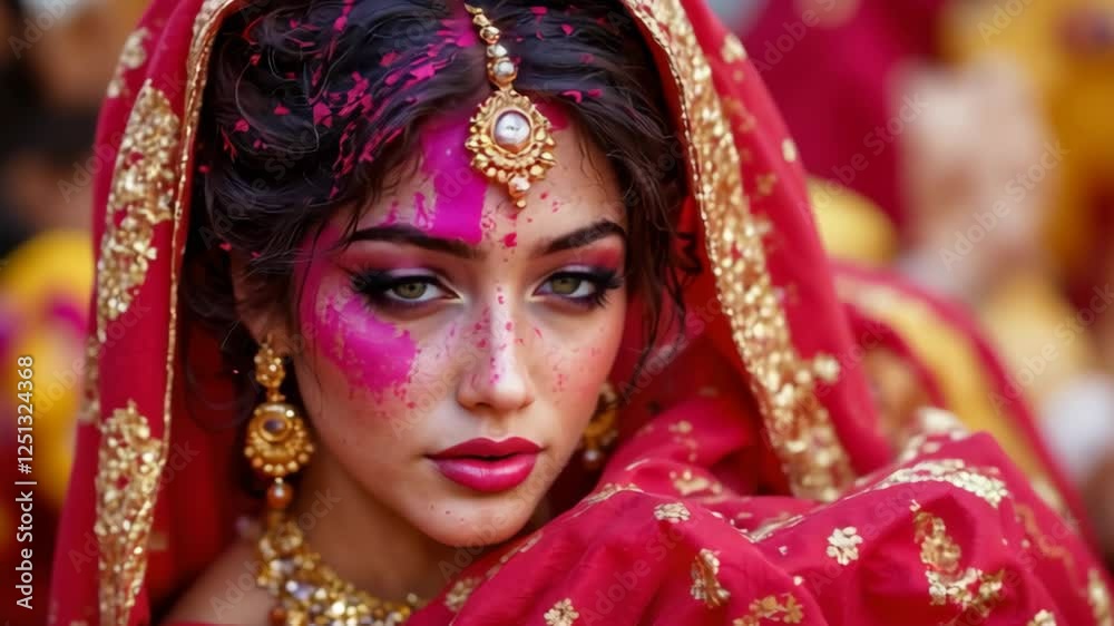 A woman in a red and gold dress with a gold headband and a blue eye shadow A woman in a red and gold dress with a gold headband and a blue eye shadow