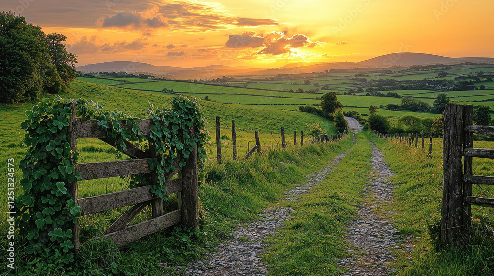 Obraz premium Rural sunset road through green fields and hills