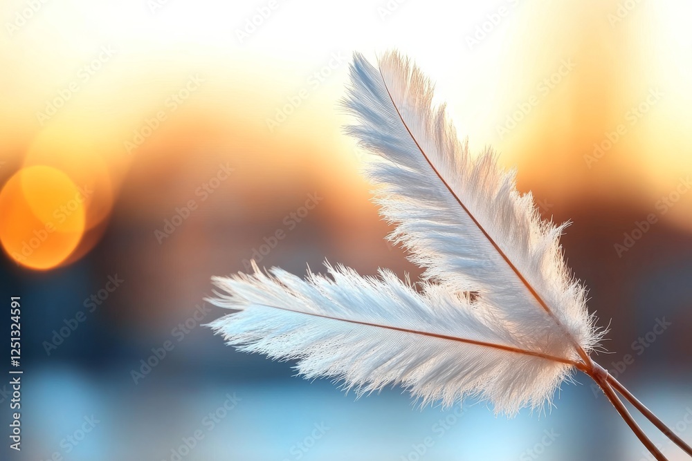 Naklejka premium Soft white feathers gently sway against a colorful sunset background in a tranquil outdoor setting