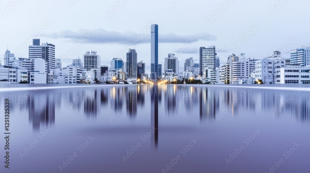 Obraz premium City skyline with reflections at dawn in the water