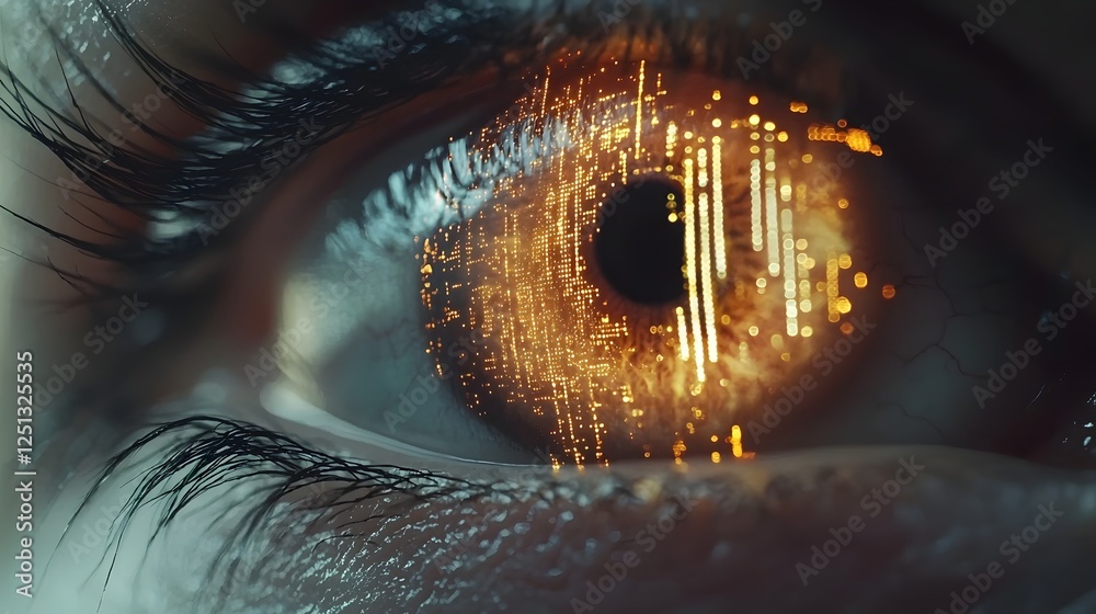 Close up of a glowing digital iris pattern during a high tech biometric security identification scanning process Close up of a glowing digital iris pattern during a high tech biometric security identification scanning process