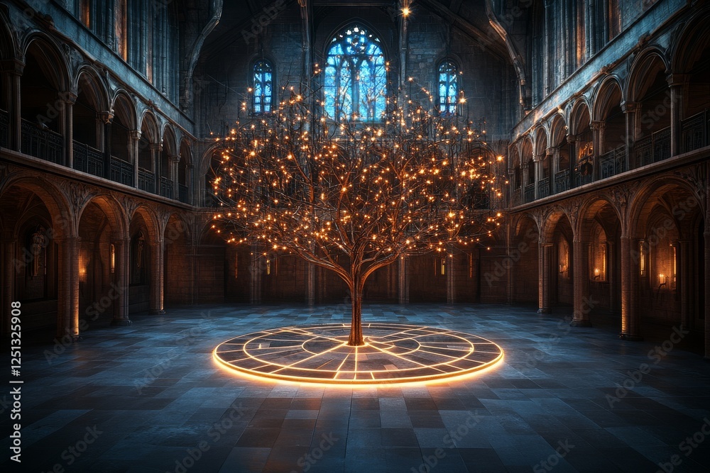 Obraz premium Enchanted tree illuminated in a grand hall with intricate architecture and a glowing circular design