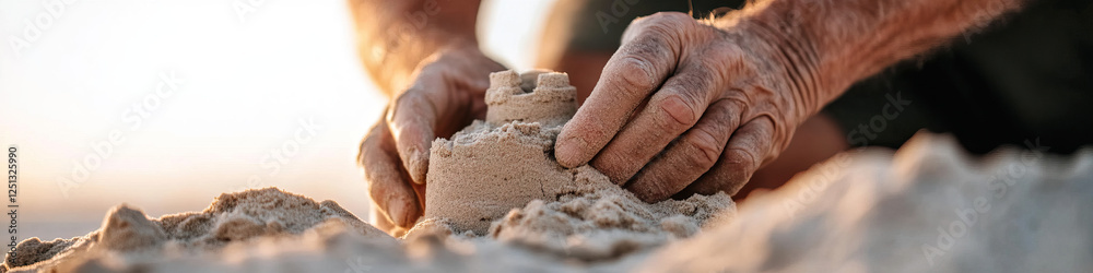 Fototapeta premium Elderly Person Constructing Sandcastle on Beach