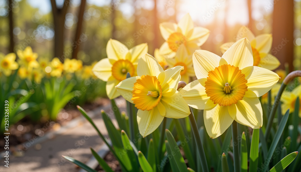 Sunlit daffodils blooming along garden path, beauty of springtime Sunlit daffodils blooming along garden path, beauty of springtime