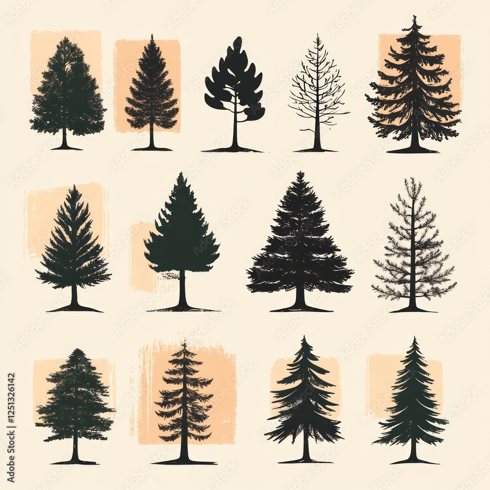 Obraz premium Twelve Silhouettes of Various Coniferous Trees Illustrated