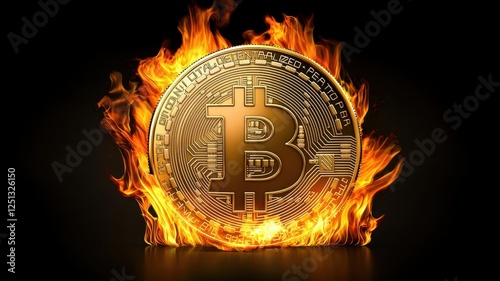 Cash down. A Bitcoin coin engulfed in flames, symbolizing volatility and excitement in cryptocurrency.