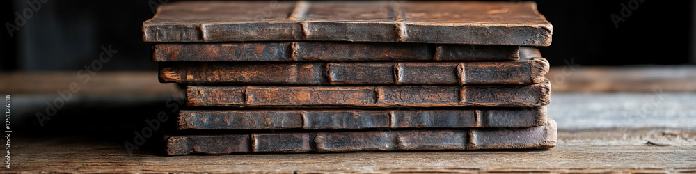 Stack of Seven Antique Leather-Bound Books on Wooden Surface Stack of Seven Antique Leather-Bound Books on Wooden Surface