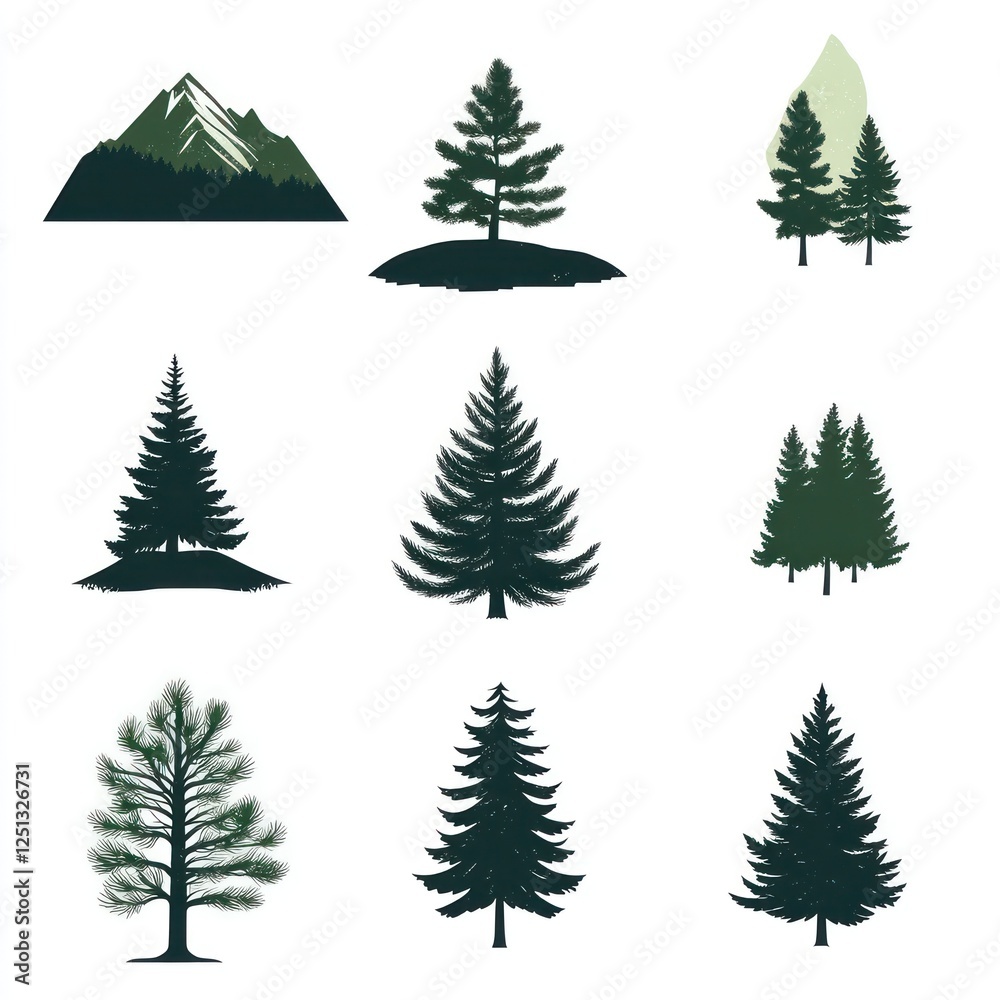 Obraz premium Mountain Landscape with Various Evergreen Tree Silhouettes