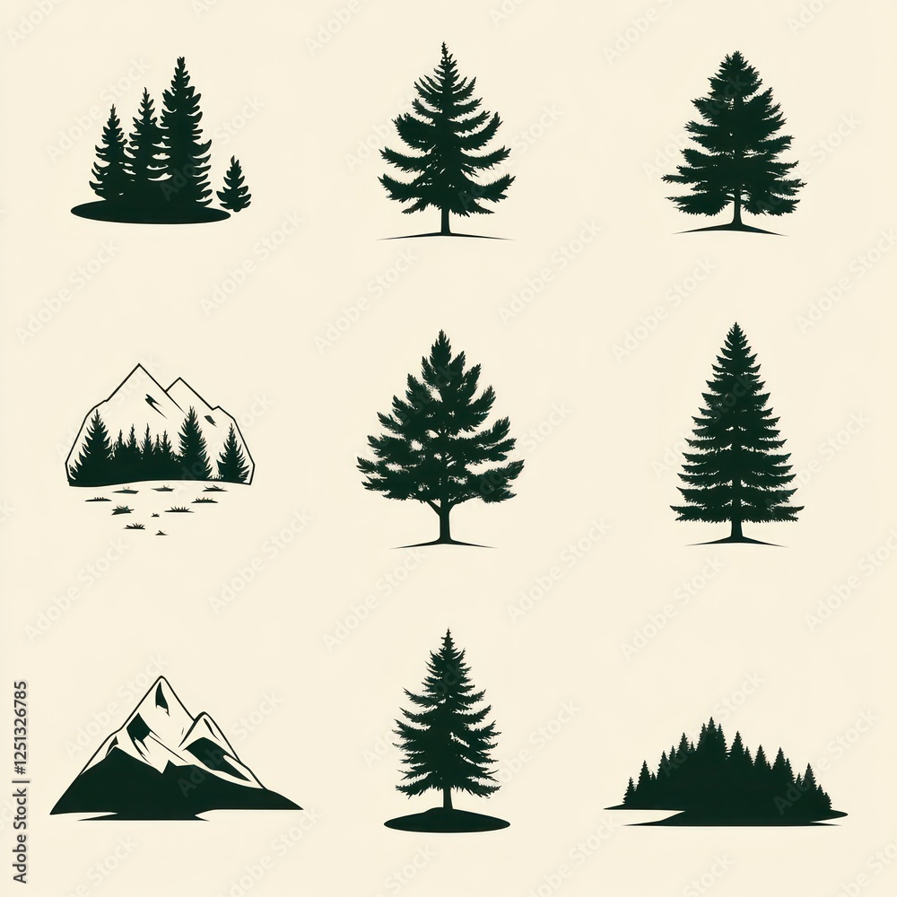 Obraz premium Collection Of Evergreen Tree And Mountain Silhouettes