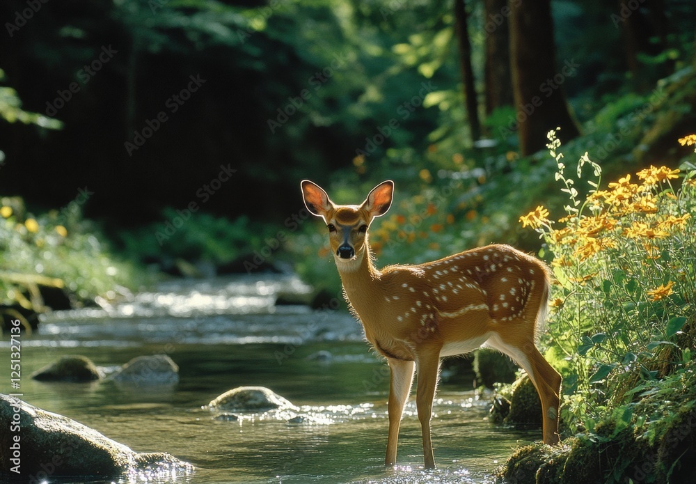 A deer is standing in a stream of water A deer is standing in a stream of water