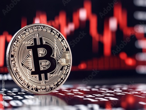 Cash down. Bitcoin coin in front of a fluctuating financial chart backdrop.