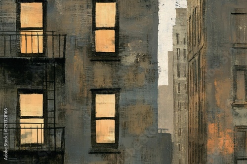 Urban Evening Scene with Warm Windows and Textured Facades