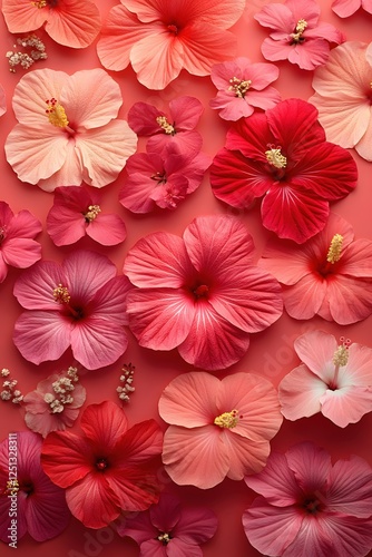 Hibiscus Blossom Harmony A Symphony of Pink and Red Floral Beauty on a Coral Background