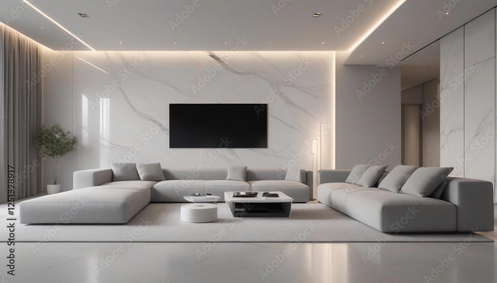 A spacious minimalist living room with an open layout, featuring a modular sofa in soft gray tones A spacious minimalist living room with an open layout, featuring a modular sofa in soft gray tones