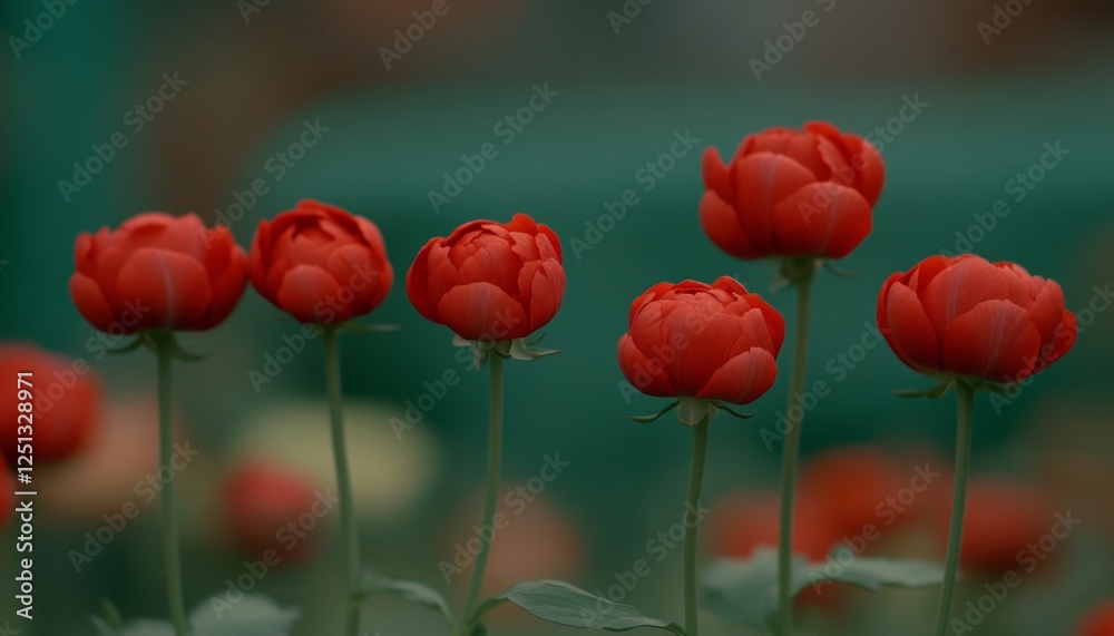 Obraz premium Red Ranunculus Flowers in Bloom, Soft Focus Background Creates Dreamy Green Garden Setting